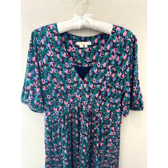 BODEN | Floral Midi Dress Puff Sleeve Knit V-Neck Cutout |  Size 8P - Picture 2 of 8